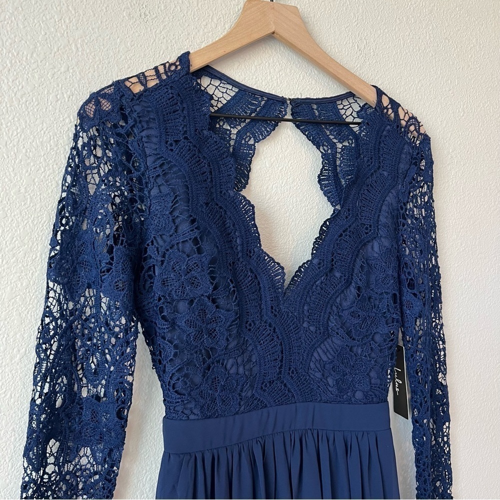 NWT Lulu's Navy Blue Awaken My Love Long Sleeve Lace Maxi Dress- Size M - Picture 9 of 14